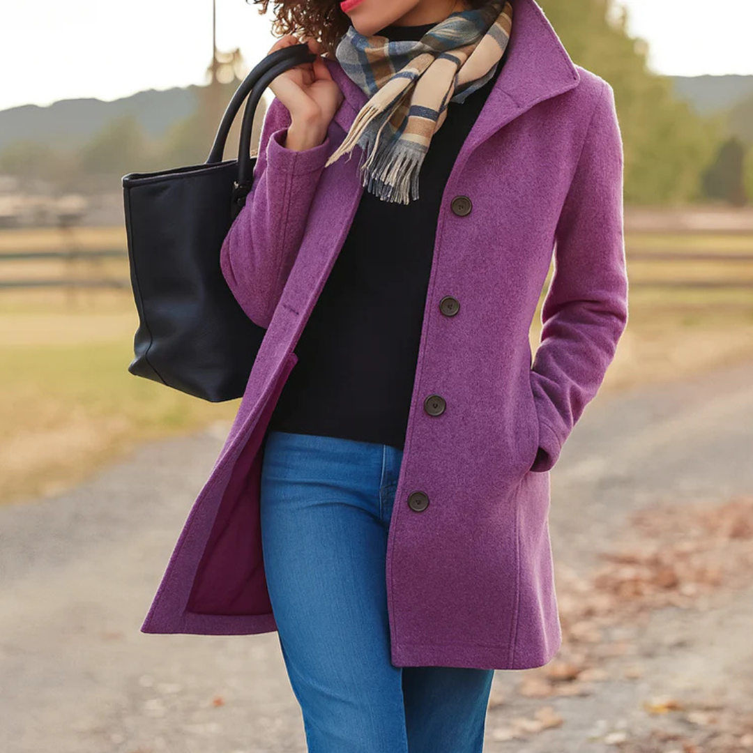 Women's Long Button-Front Winter Coat with Notch Collar