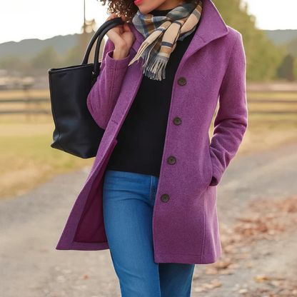 Women's Long Button-Front Winter Coat with Notch Collar