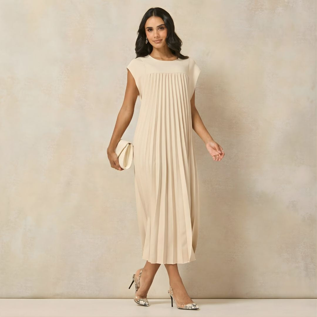 Women's Pleated Maxi Dress with Extended Cap Sleeves and Relaxed Empire Waist