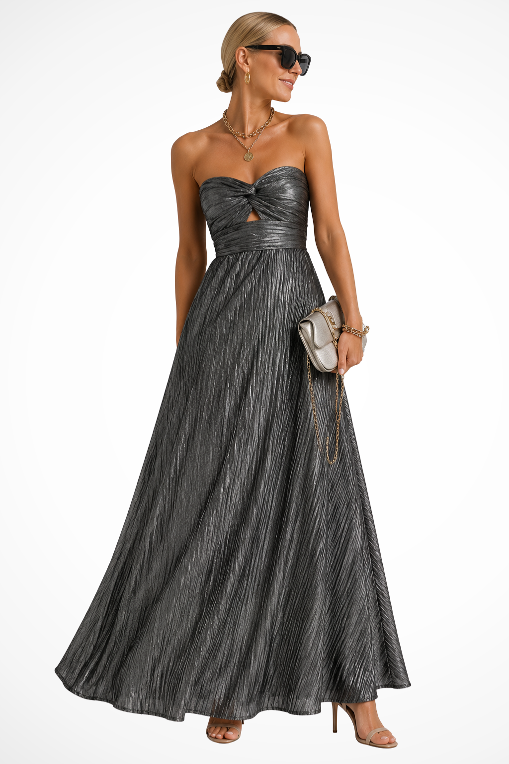 Women's Strapless Twist Front Pleated Wedding Guest Maxi Dress