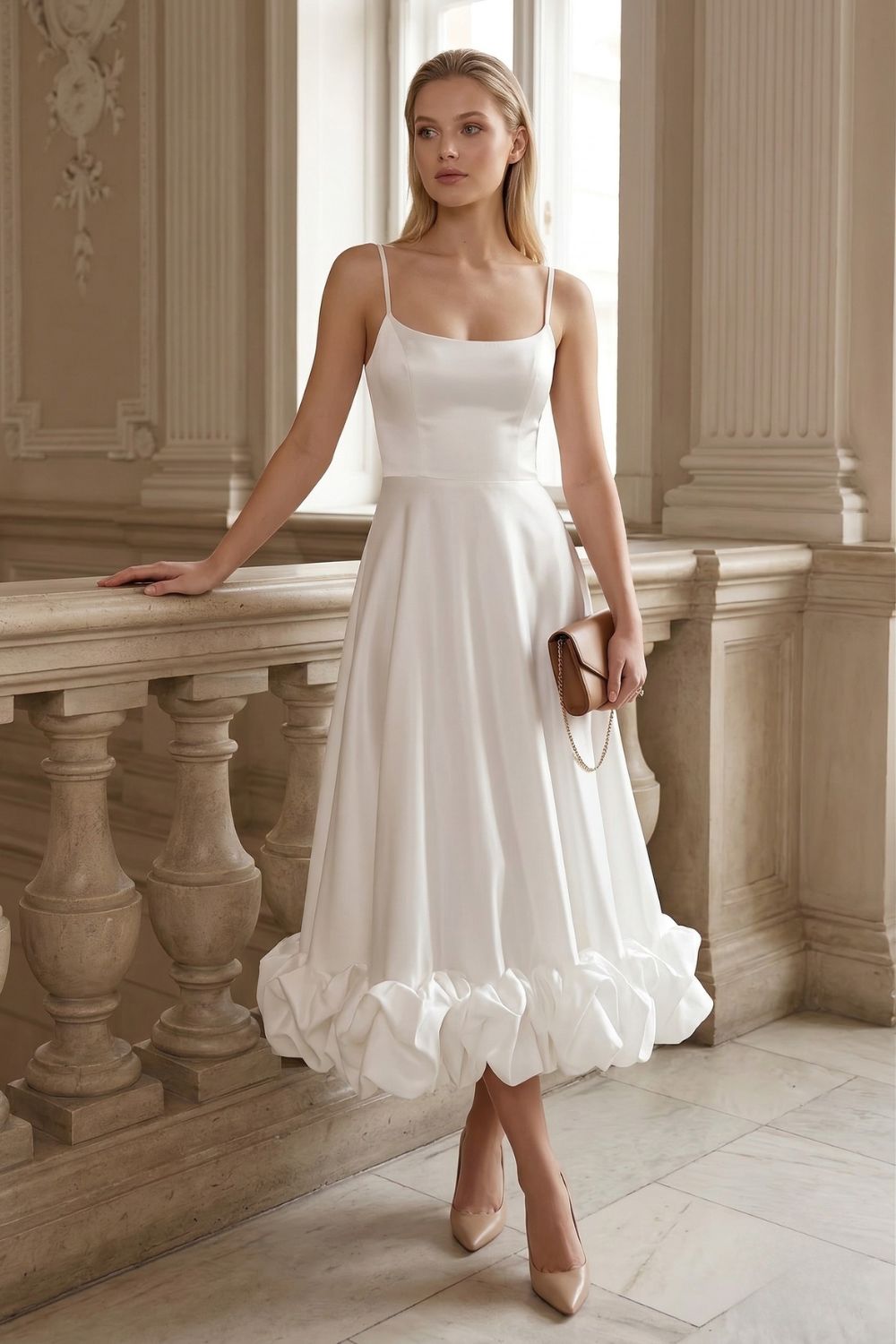 Women’s Flounce Hem Bustier Midi Dress with Tulle Ruffle Skirt