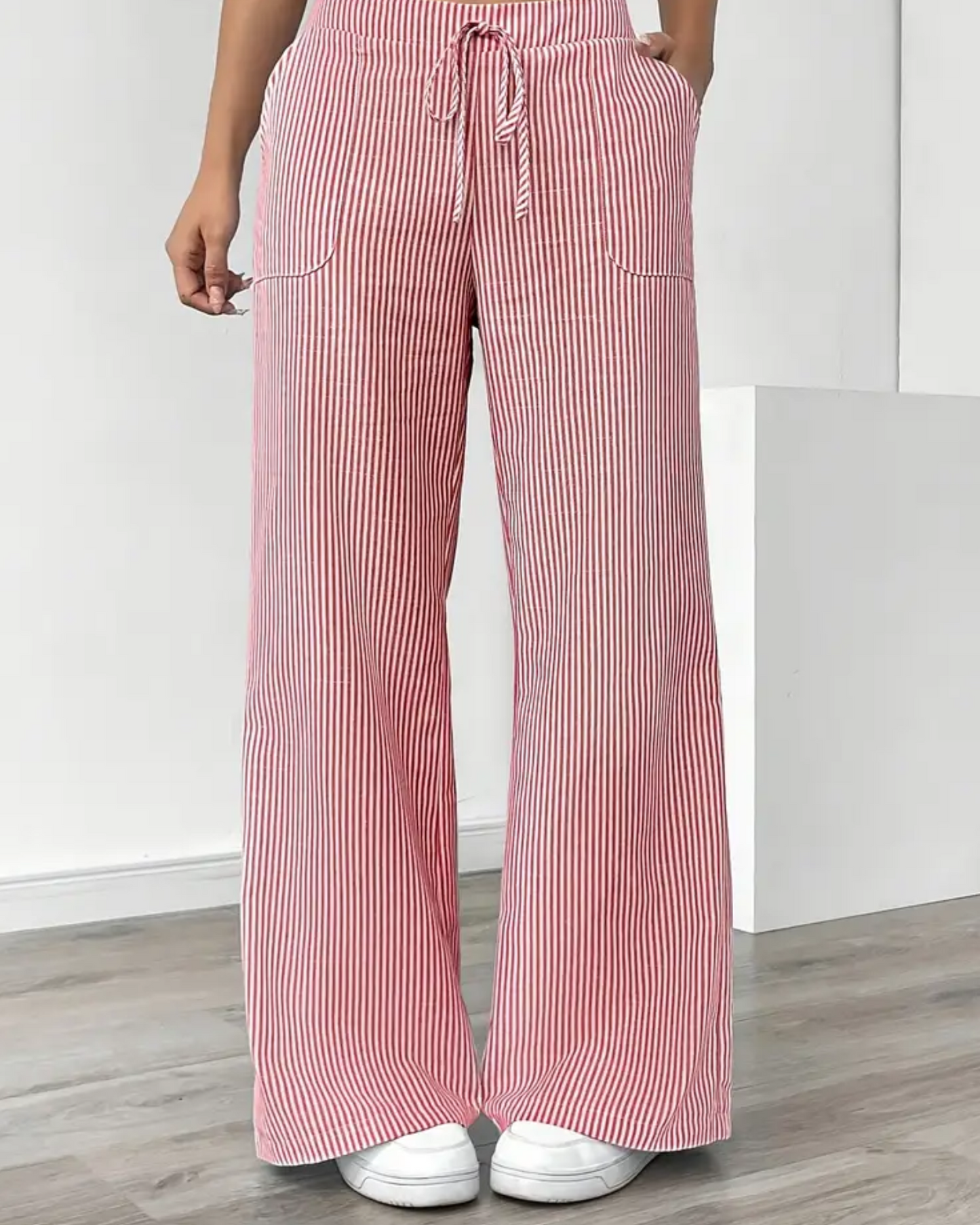Women’s Linen Striped Pants with Drawstring Waist and Pockets