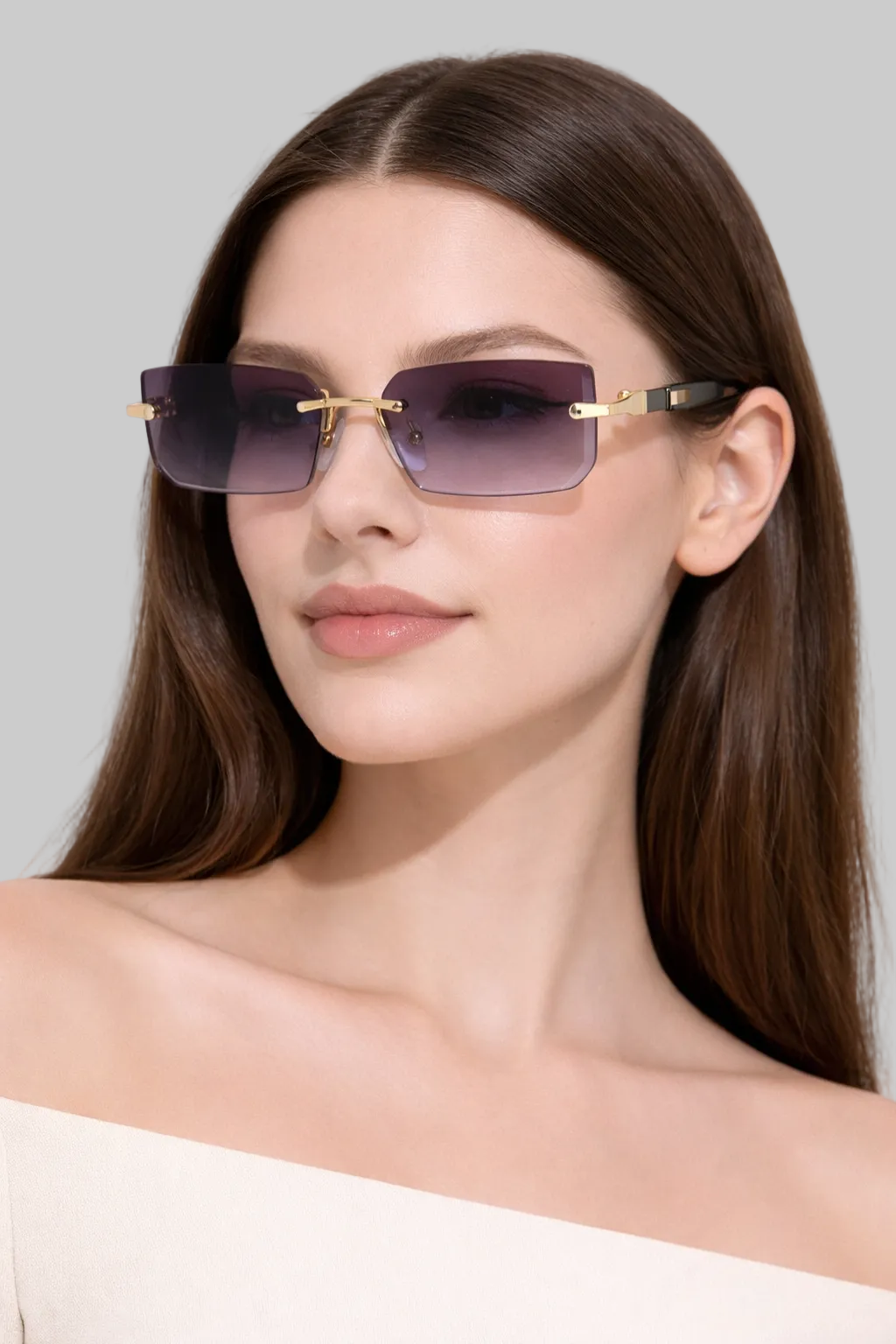 Women’s Sunglasses with Rimless Rectangle Lenses and Gold Hardware
