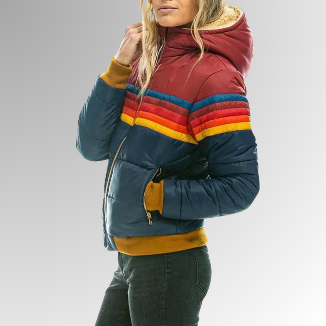 Women’s Blazer jackets Alternative with Retro Rainbow Stripe and Hooded Puffer Design