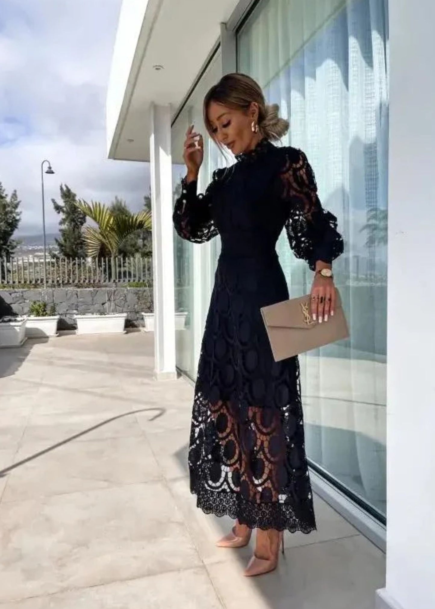 Women's Guilted Lace Maxi Dress with High Neck and Puff Long Sleeves