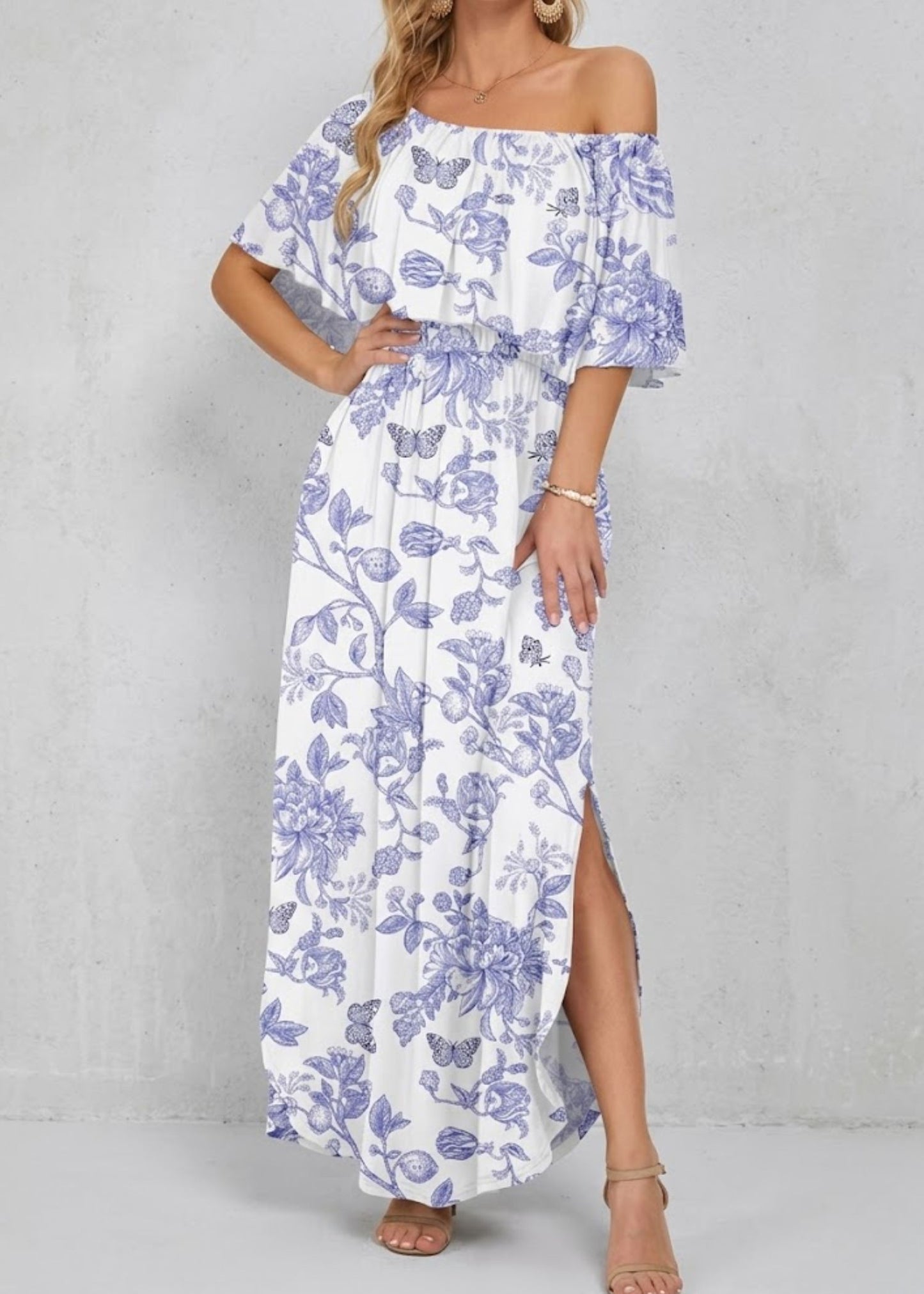 Women’s Off the Shoulder Maxi Dress with Ruffle Overlay and Side Pockets
