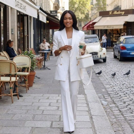Women's Double Breasted Blazer and High Waisted Flare Leg Pant Two Piece Power Suit