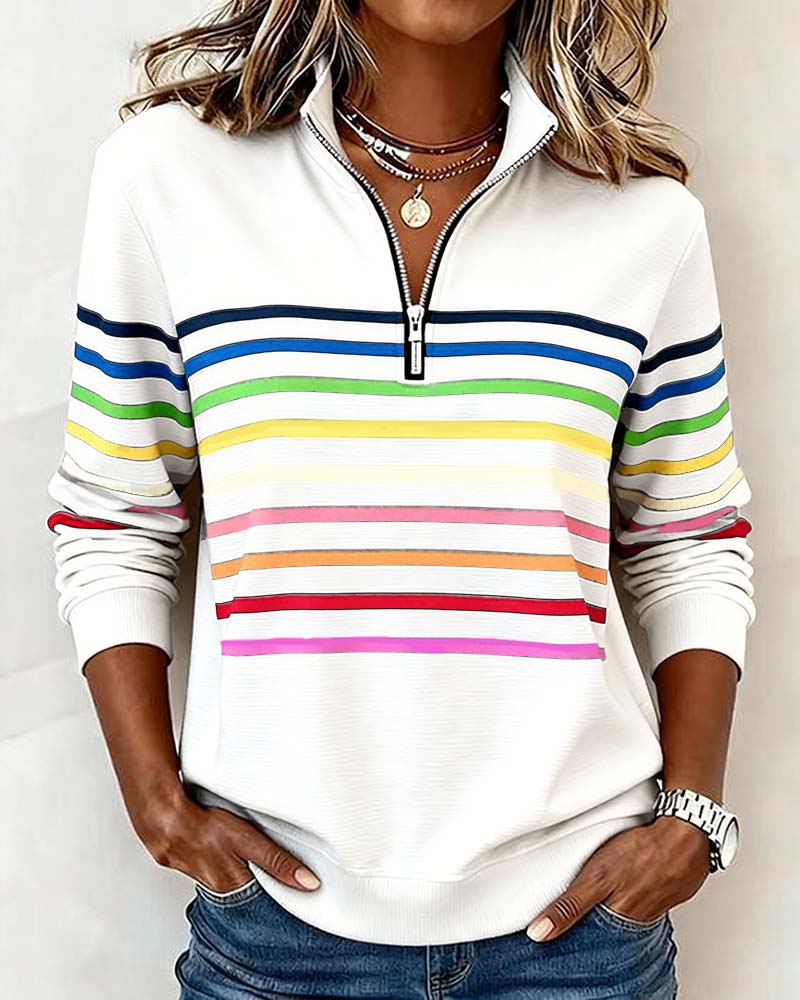 Women's Striped Zip-Neck Knit Sweater With Long Sleeves