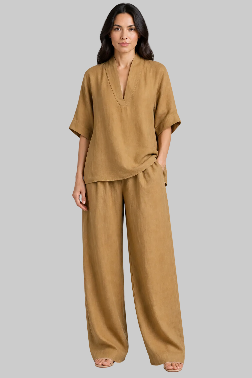 Women’s Linen Co-Ord Set with V-Neck Tunic Top and Wide Leg Trousers