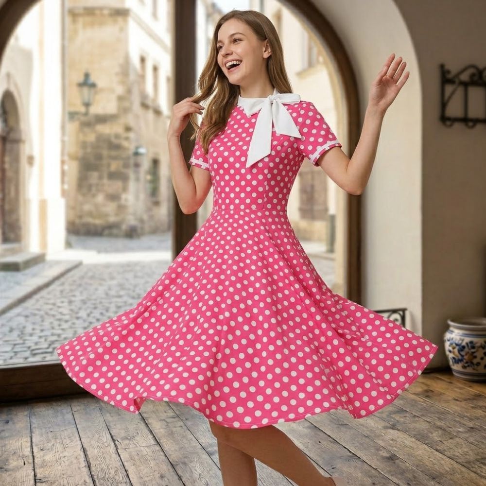 Women’s Midi Dress Polka Dot Tie Neck Short Sleeve Swing Gown