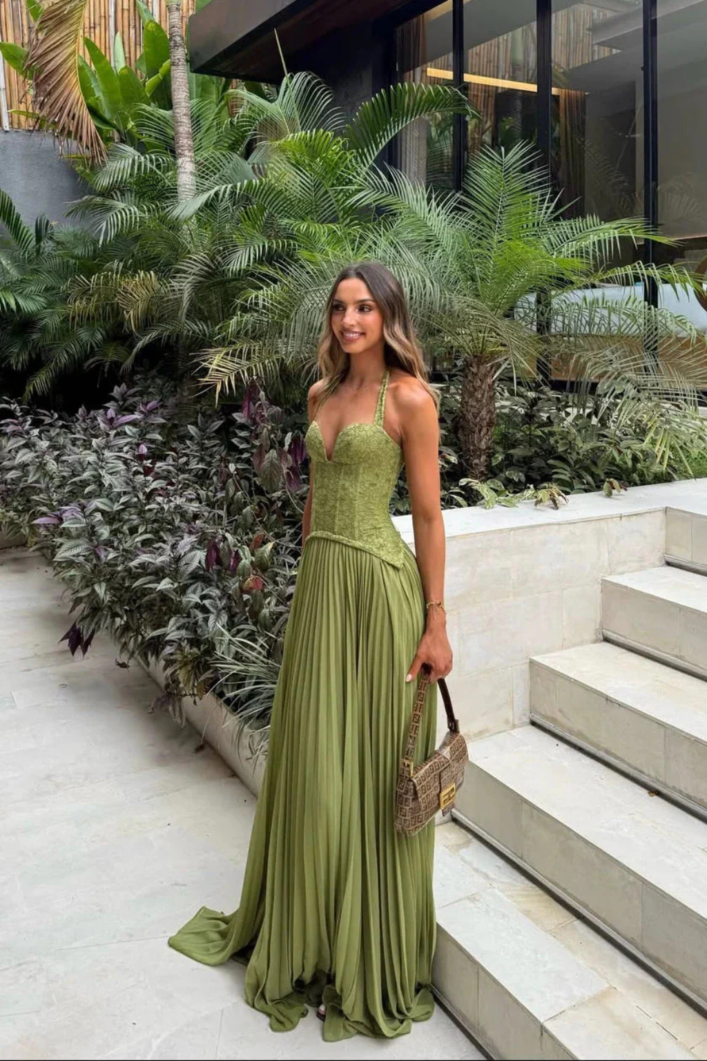 Women Halter Lace Corset Pleated Green Wedding Guest Maxi Dress
