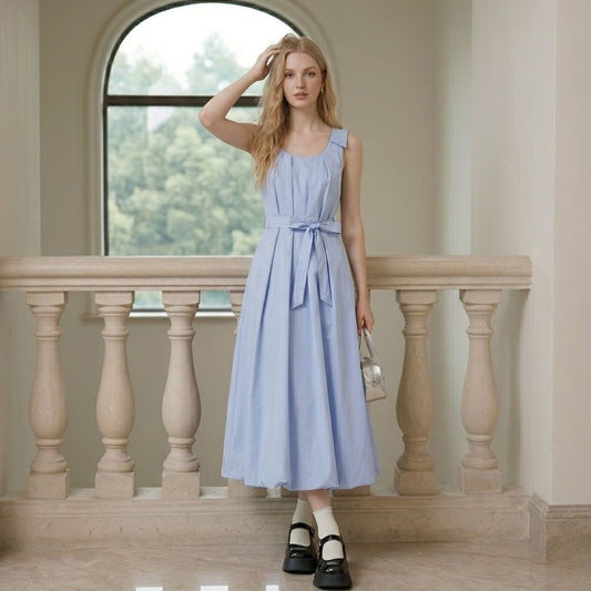 Women’s Pleated Midi Dress with Scoop Neck and Tie Waist
