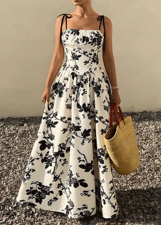 Women’s Floral Midi Dress with Tie Straps and A-Line Skirt