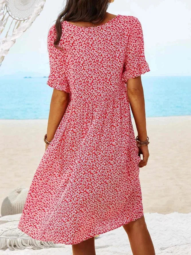 Women’s Floral V-Neck Smock Dress with Short Sleeves