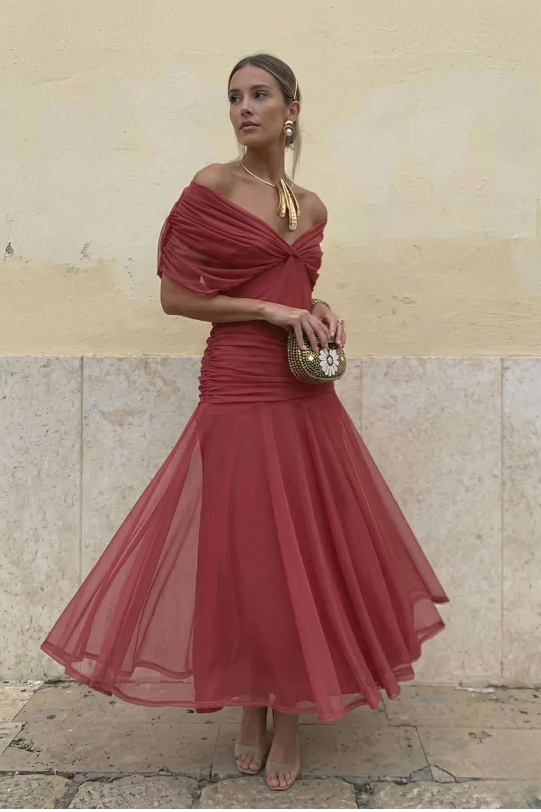 Women's Off-The-Shoulder Ruched Floral Maxi Dress with Sweetheart Neckline