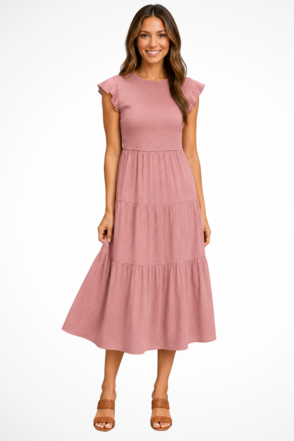 Tabitha | Women Flutter Sleeve Shirred Tiered Summer Midi Dress