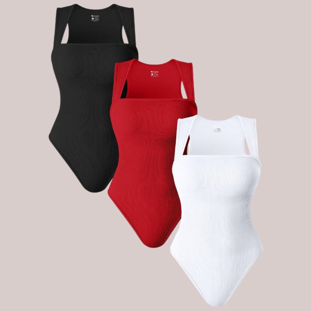 Women’s Bodysuit Pack of 3 with Square Neck and Ribbed Seamless Fit