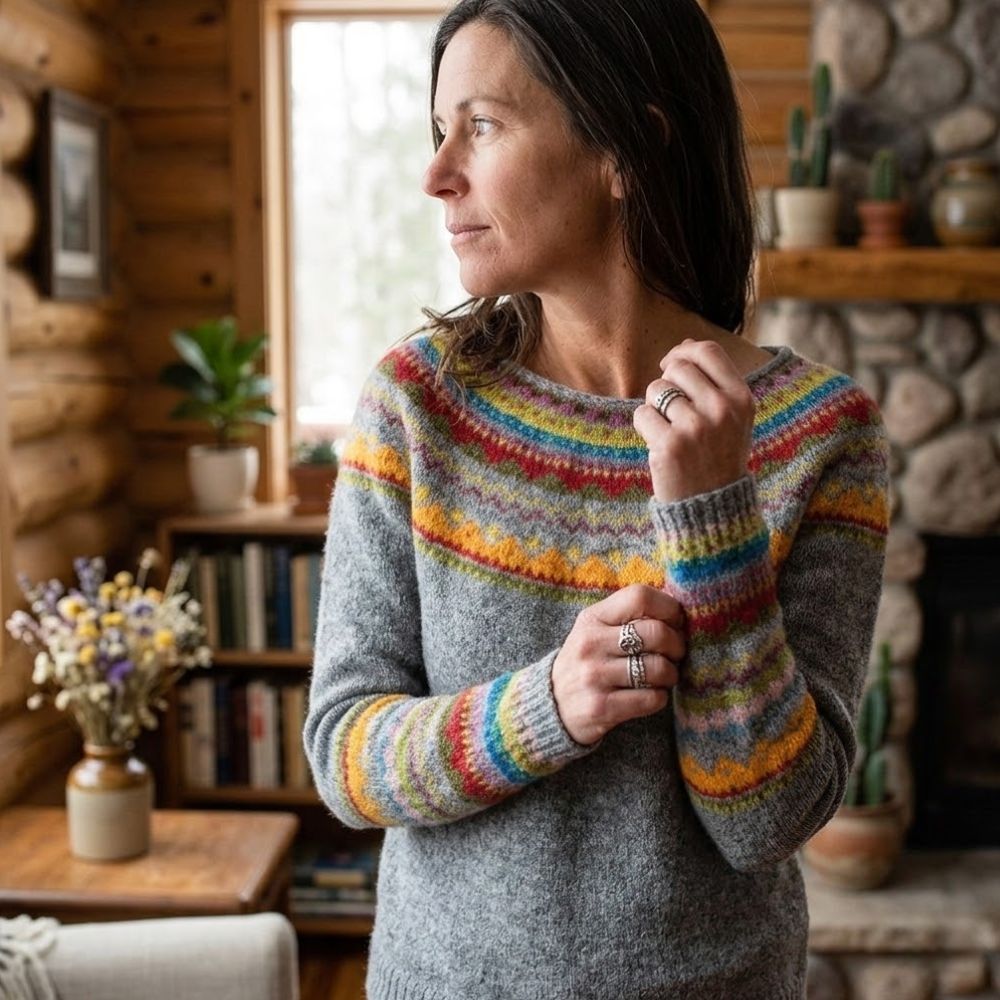 Women¡¯s Fair Isle Sweater Relaxed Fit Crew Neck Knit Pullover with Aztec Borders