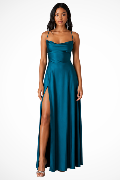 Women's Cowl Neck Side Slit Wedding Guest Satin Maxi Dress