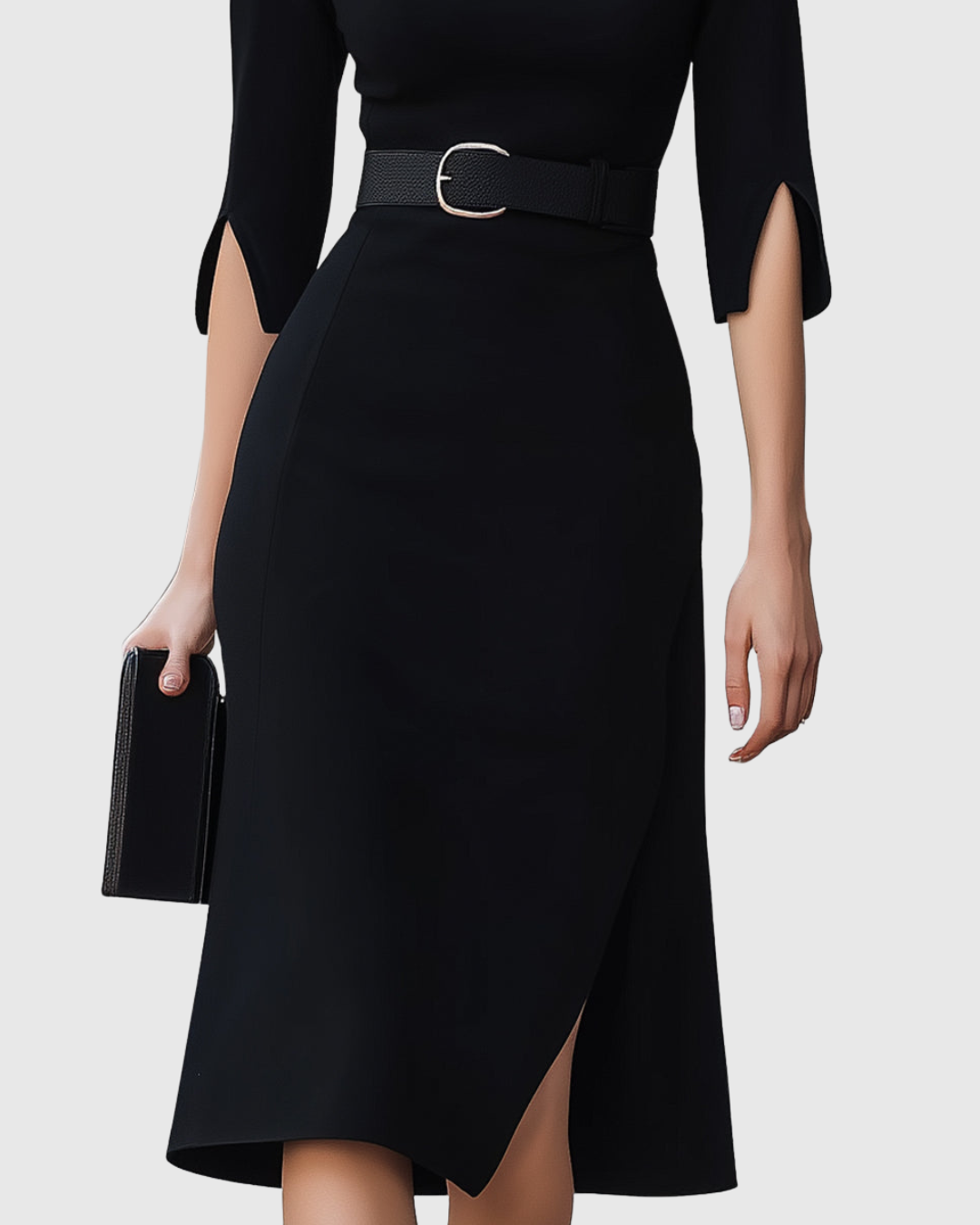 Women’s Midi Sheath Dress with Mock Neck and Split Cuff Sleeves