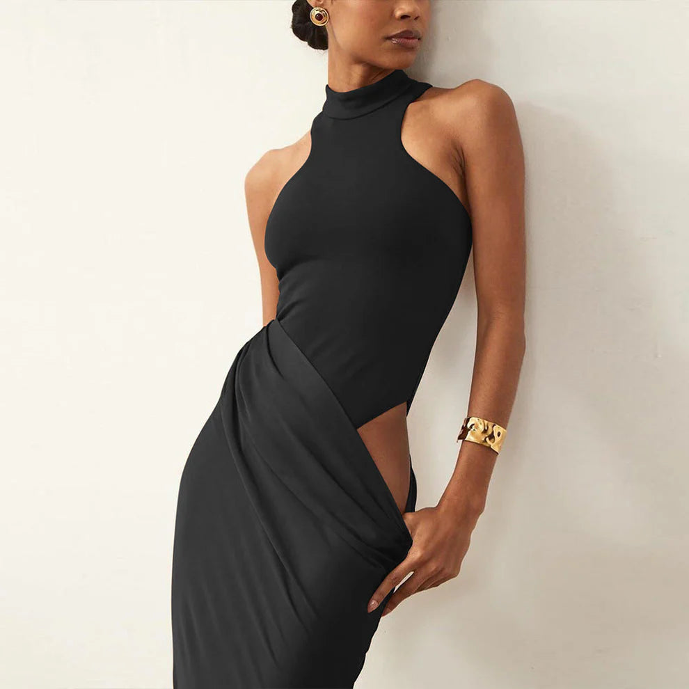 Women’s High Neck Maxi Dress with Draped Asymmetric Satin Skirt