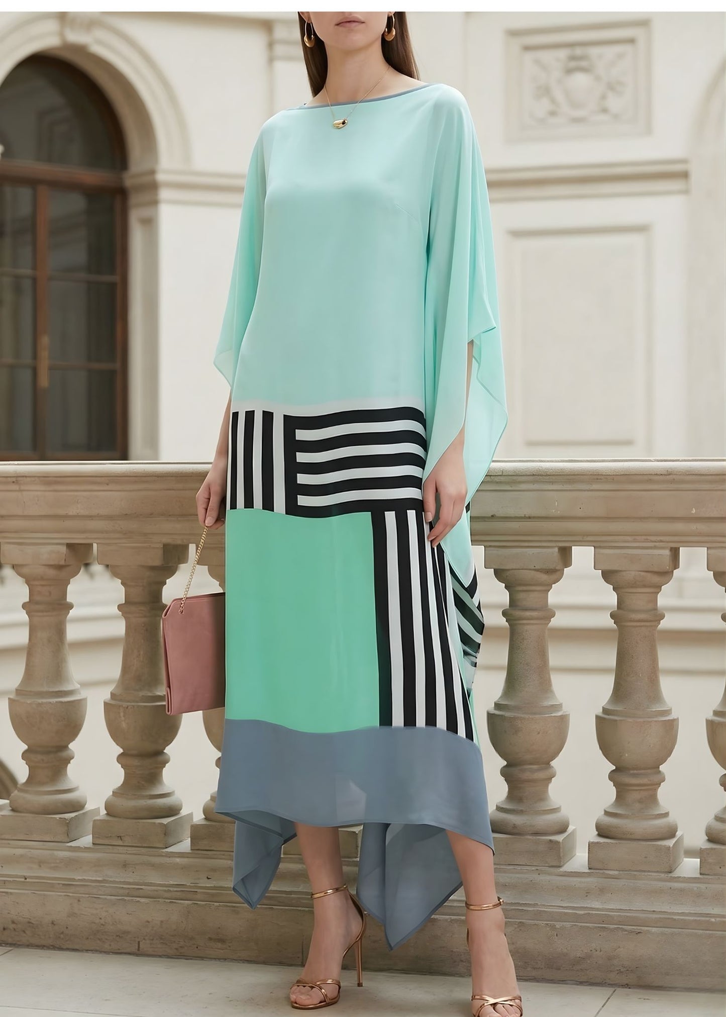 Women's Silk Kaftan Midi Dress with Asymmetric Hem and Contrast Stripe Detail