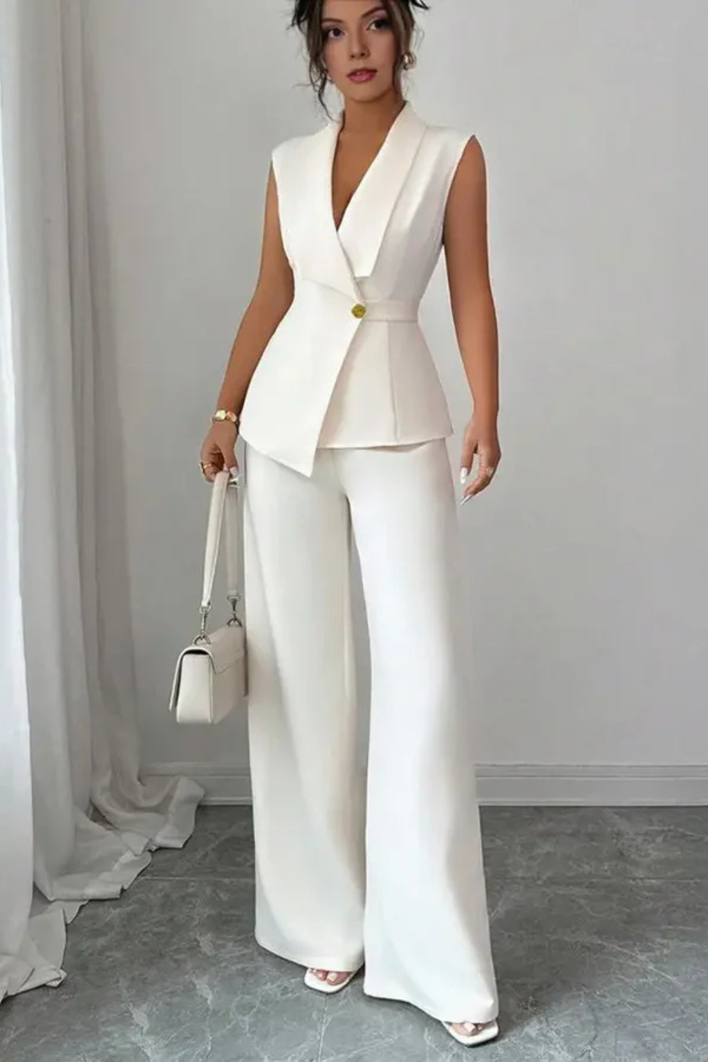 Women’s Two-Piece Set Sleeveless Blazer Vest and Wide Leg Pants Suit