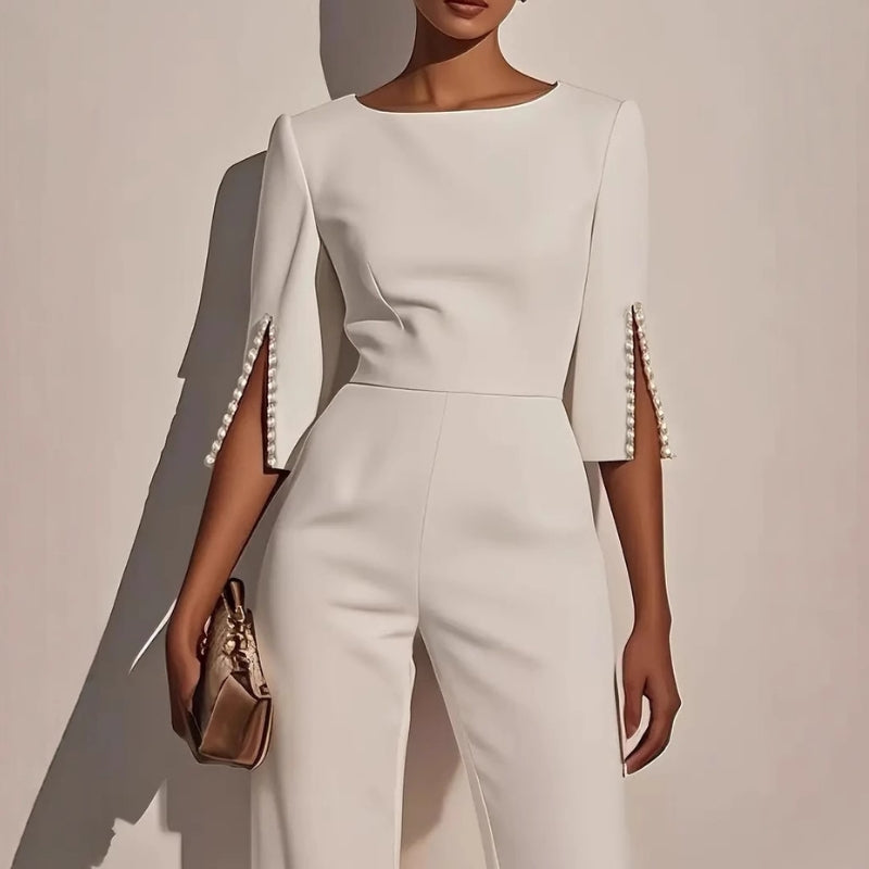 Women’s Tailored Wide Leg Jumpsuit with Pearl Embellished Split Sleeves