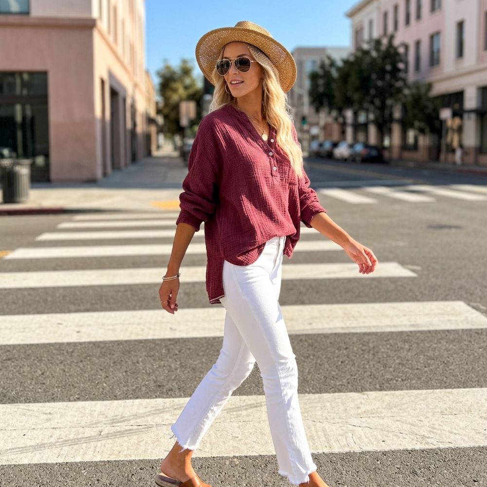 Women's Henley Blouse with Textured Gauze Fabric and Long Sleeves