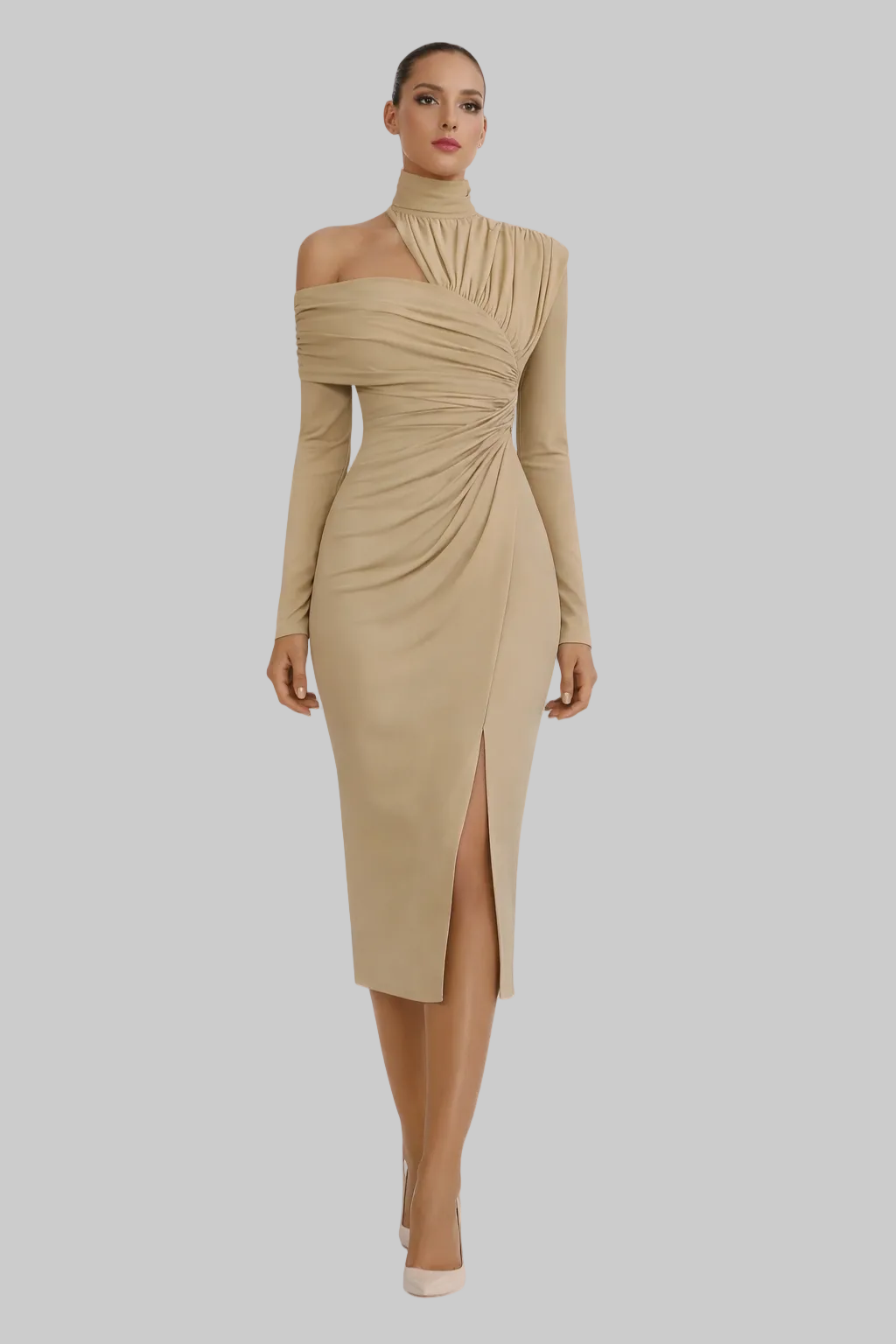Women’s Midi Dress with High Mock Neckline and Asymmetric One-Shoulder Drape