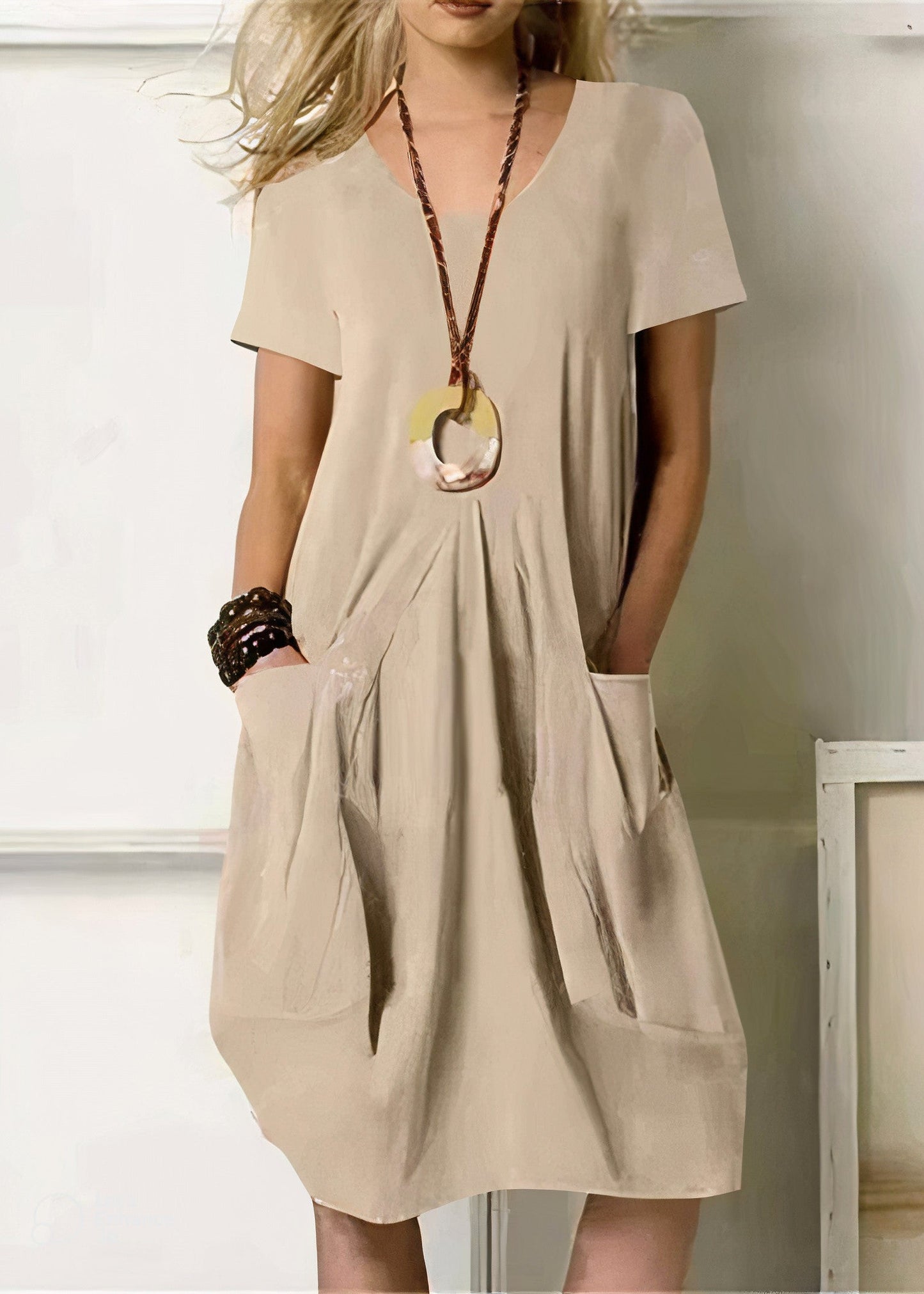 Women's Relaxed Fit Midi Dress with Short Sleeves and Functional Side Pockets