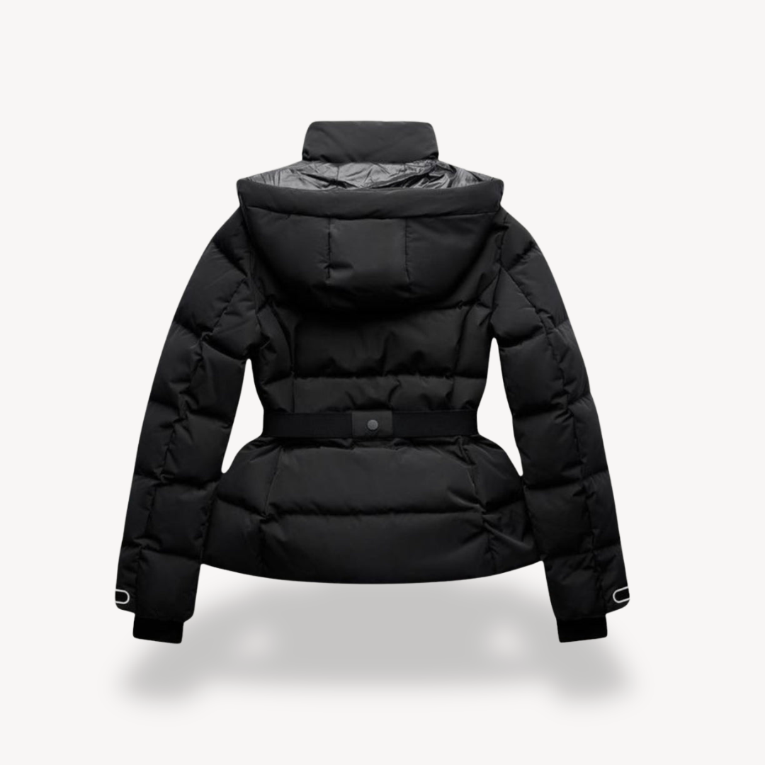 Women's Black Quilted Belted Puffer Jacket With High Collar