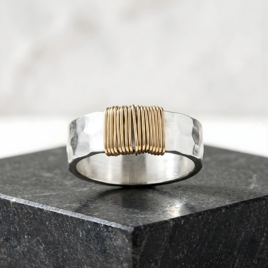 Women’s Hand-Hammered Sterling Silver Band with Gold-Fill Wire Wrap