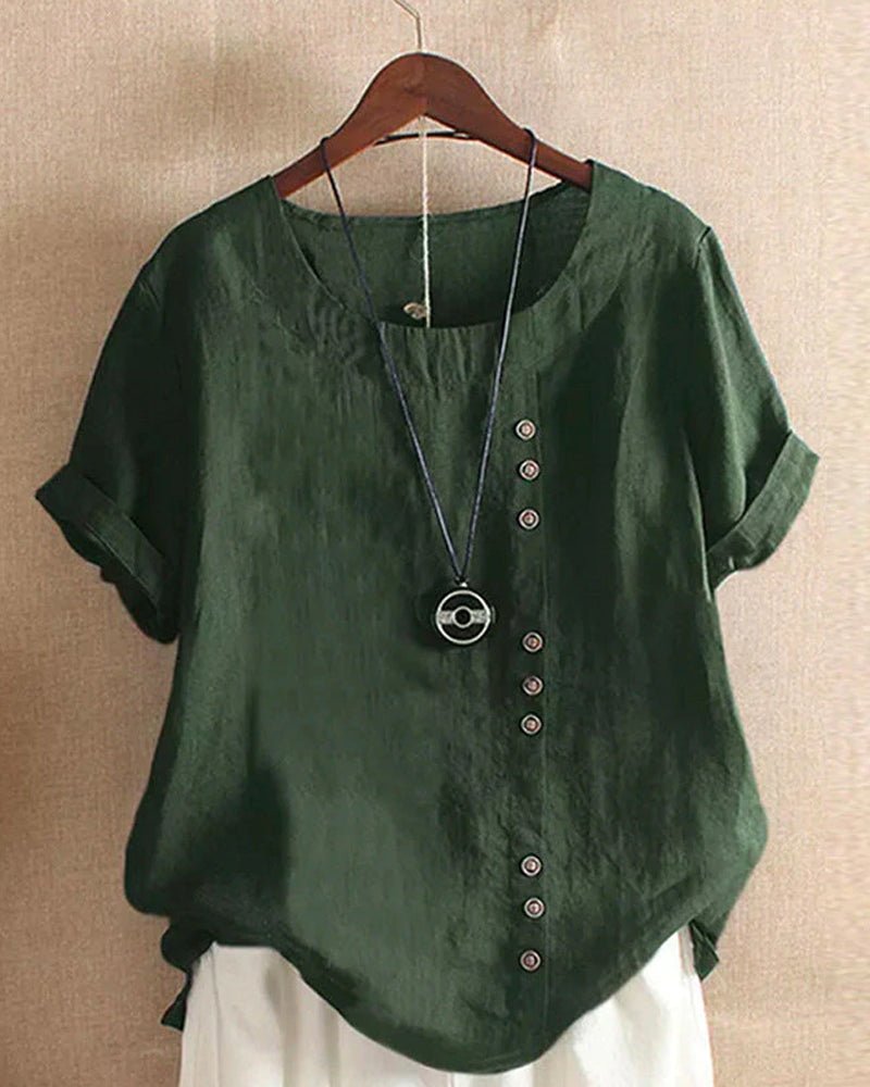 Women’s Casual Top with Crew Neckline and Asymmetric Button Front