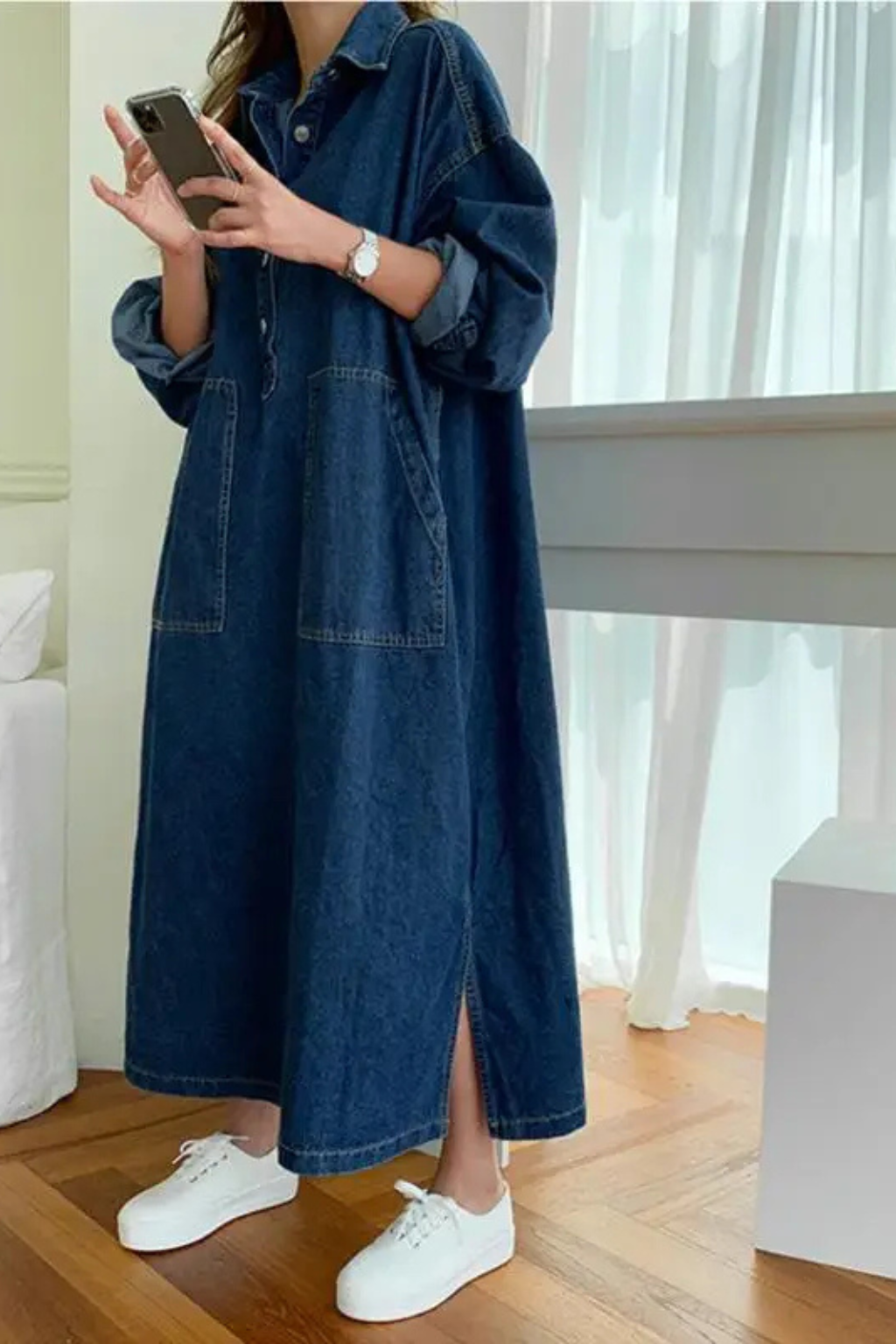 Women’s Maxi Dress with Oversized Denim Silhouette and Functional Patch Pockets