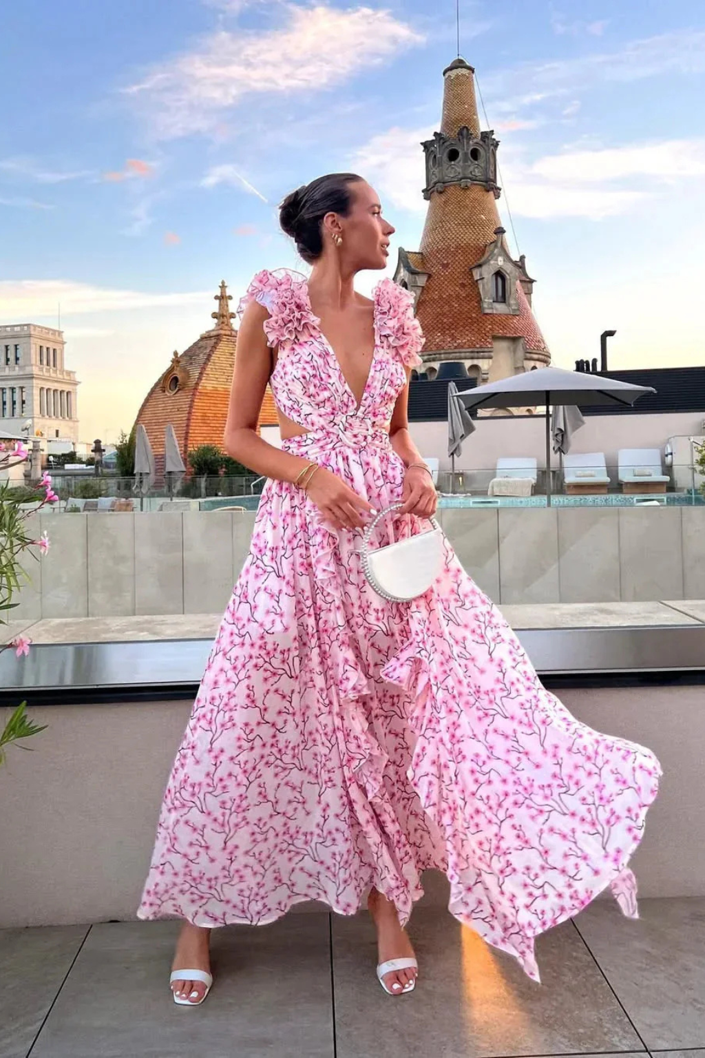 Women's V Neck Floral Ruffle Wedding Guest Maxi Dress