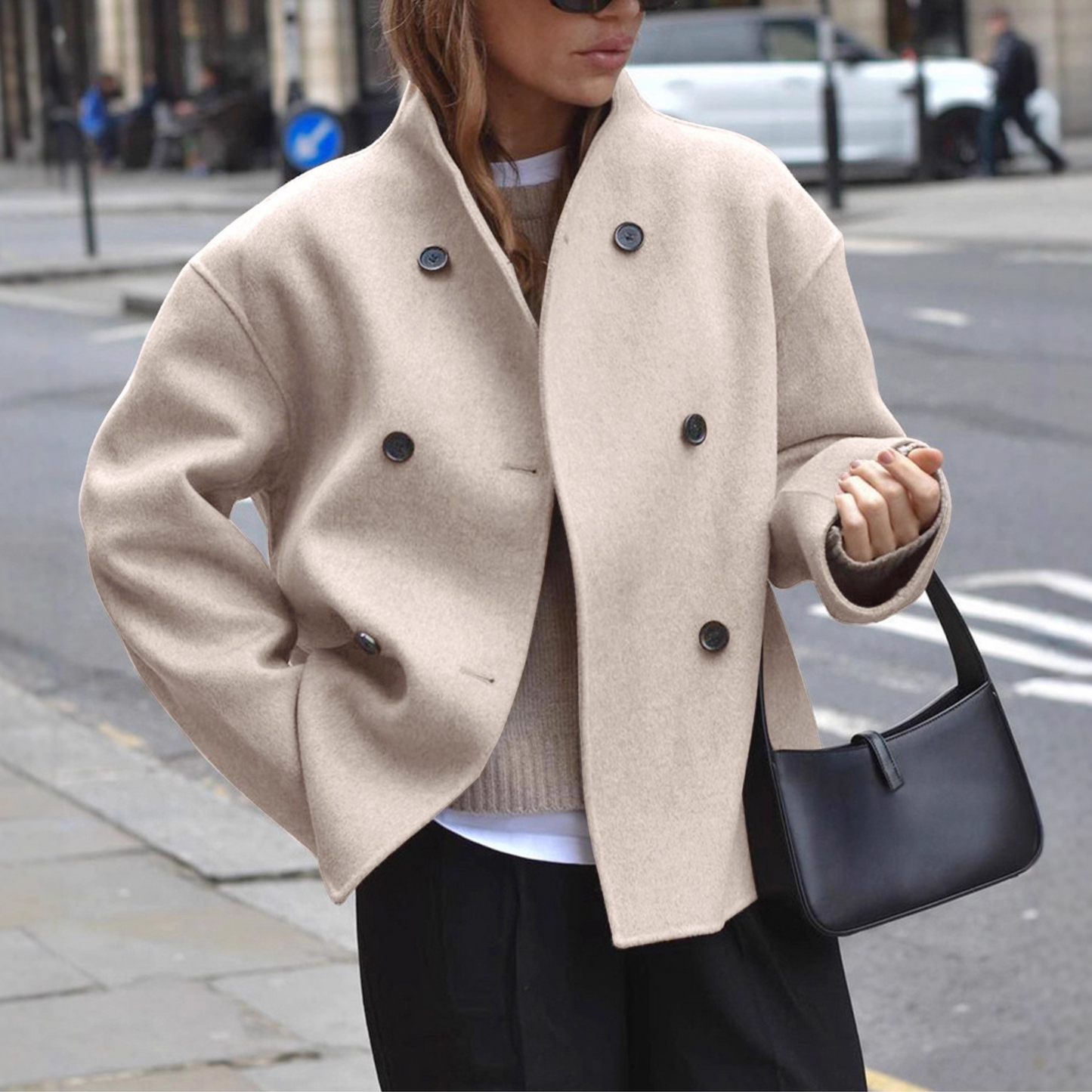 Women’s Double-Breasted Wool Blend Short Coat Oversized Boxy Peacoat
