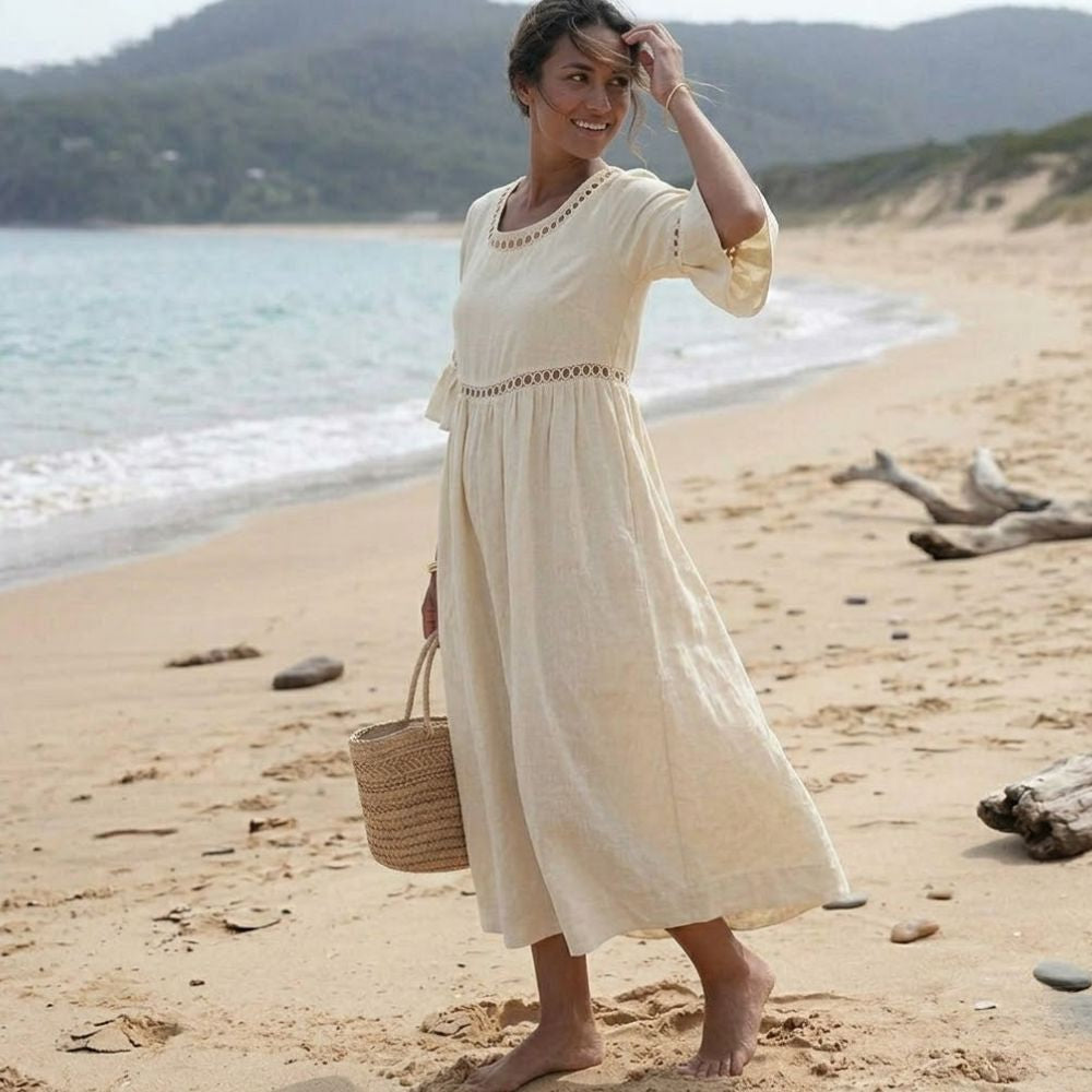 Women’s Midi Dress Crochet Eyelet Trim Flutter Sleeve Beach Kaftan