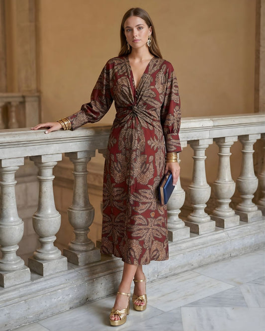 Women's Knot Front Midi Dress with Bishop Sleeves and Deep V-Neckline