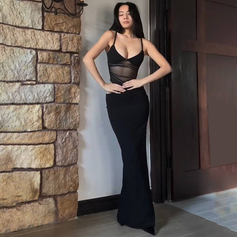 Women’s Mesh Panel Maxi Dress with Asymmetric Cut Out Waist