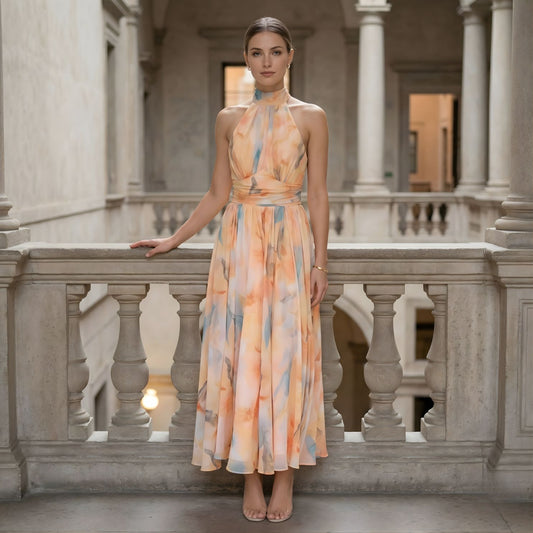 Women's Halter Neck Pleated Floral Chiffon Midi Dress with Belted Waist