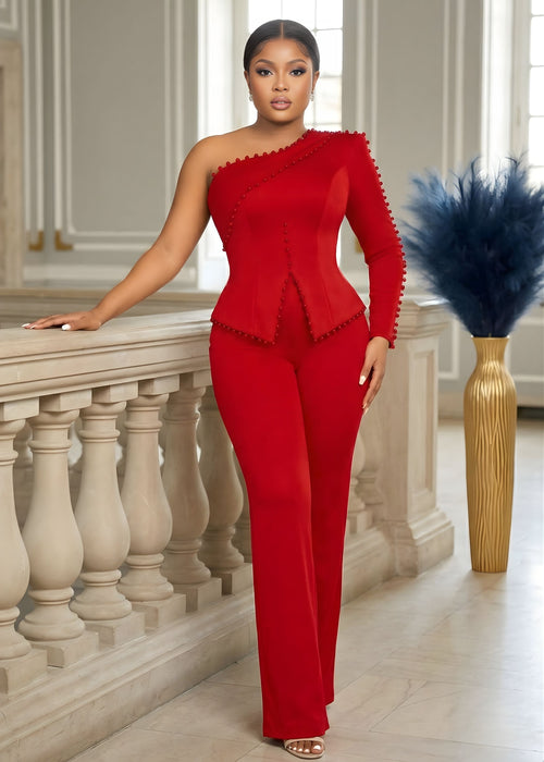 Women's One Shoulder Beaded Peplum Top and Straight Leg Trousers Two Piece Set