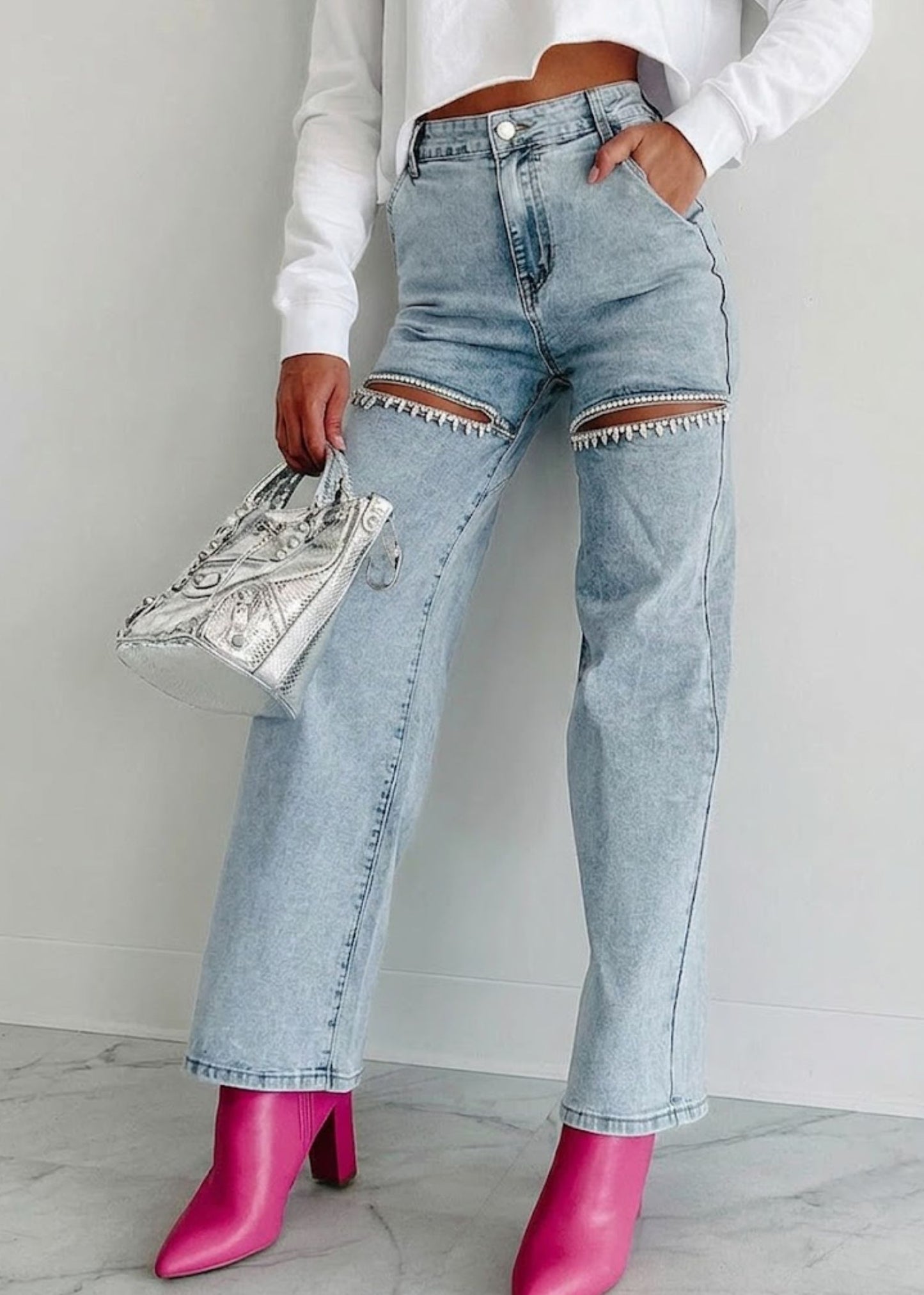 Women’s High Waisted Straight Leg Jeans with Rhinestone Cutout Detailing