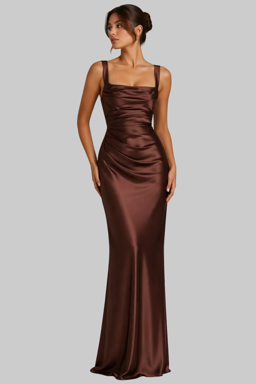 Women’s Maxi Dress with Attached Chiffon Neck Scarf and Ruched Satin Bodice