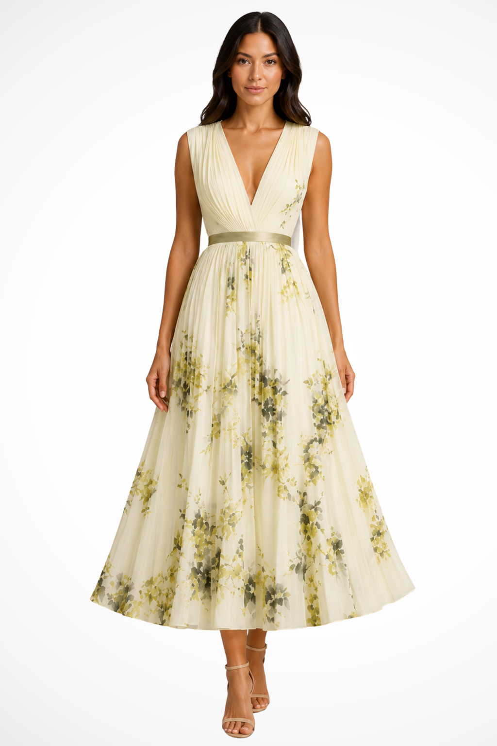 Women V Neck Floral Pleated Wedding Guest Petite Midi Dress