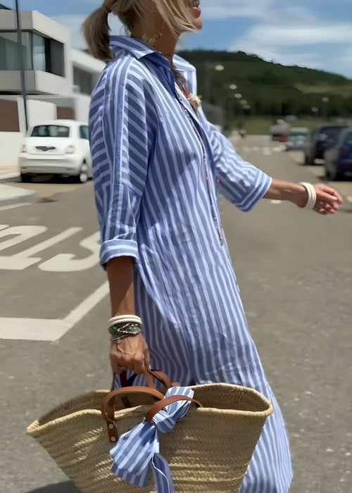 Women’s Striped Shirt Dress with High-Low Hem and Button-Down Front