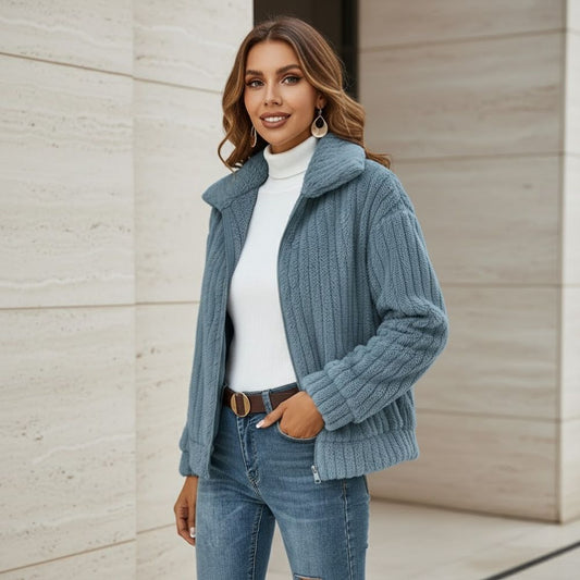 Women's Faux Fur Zip-Up Jacket with Ribbed Texture and Classic Collar for Winter