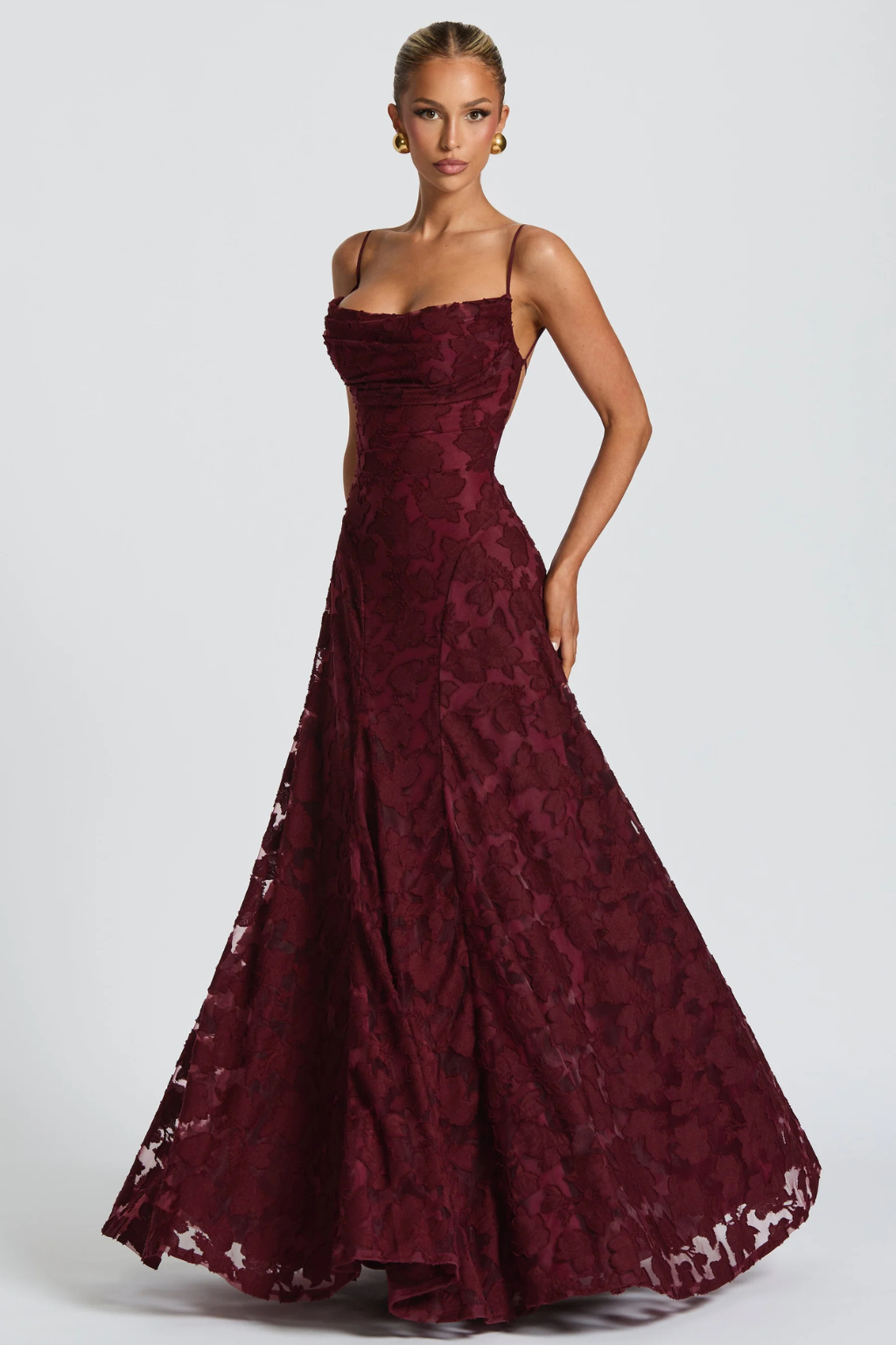 Women’s Maxi Dress with Cami Straps and Floral Brocade Texture
