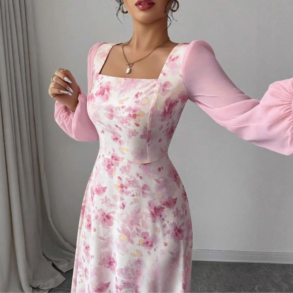 Women’s Midi Dress Square Neck Long Sleeve Floral Chiffon Gown