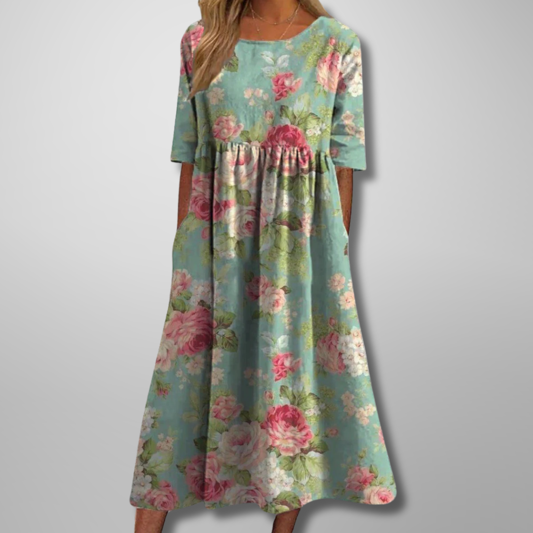 Women’s Midi Dress with Raised Floral Embroidery and Empire Waist Silhouette
